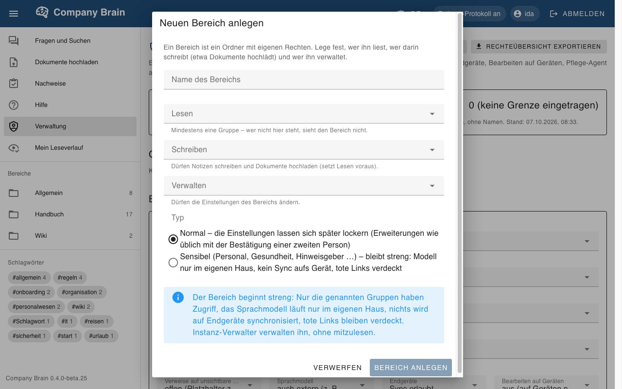 Dialog zum Anlegen eines neuen Bereichs mit Name, Gruppen und Typ